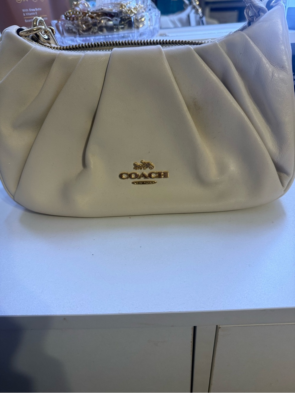 Coach Cream Pleated Leather Shoulder Bag with Gold Logo